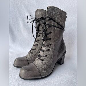 EJECT Women's Artsy Grey Leather Mid-Calf Boots w Laces and Zip, 6.5-7 US